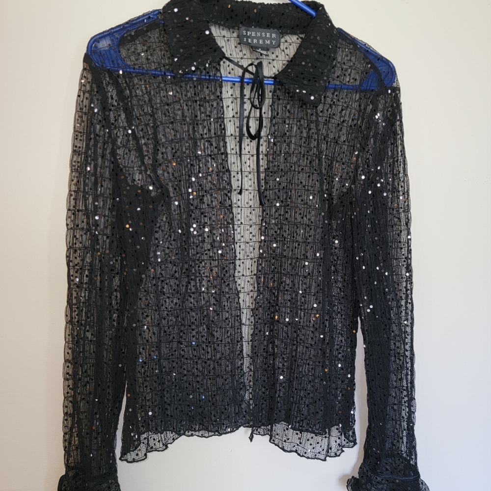 Sheer sequined tie cover blouse